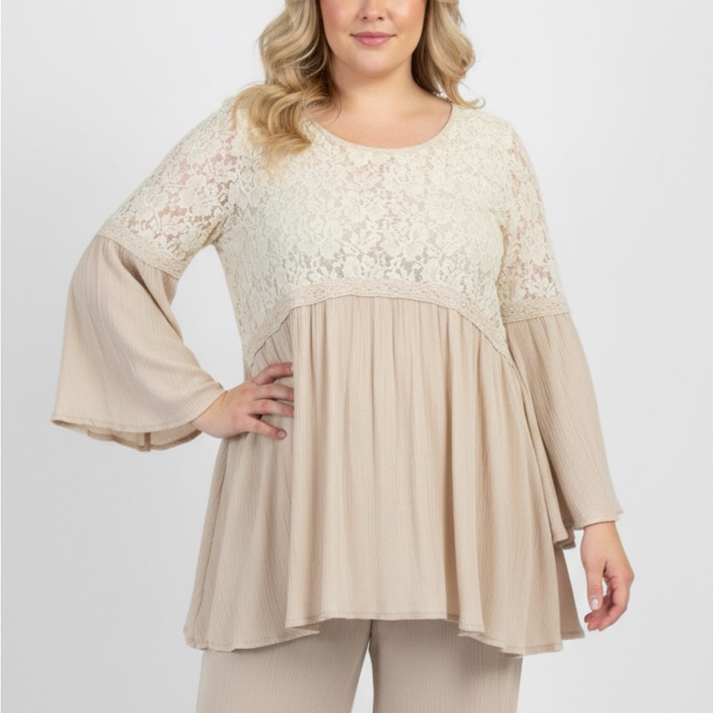 326 - Cream Flowy Long‎ Sleeve Top With Lace - Size L Boho Chic